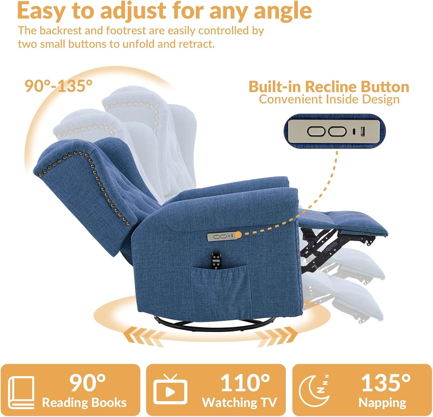 Power Swivel Rocking Glider Recliner Chair, Electric Nursery Reclining Sofa Chair with Heat and Massage, Wingback Tufted Upholstered Recliner for Living Room, USB and Type-C Ports, Blue