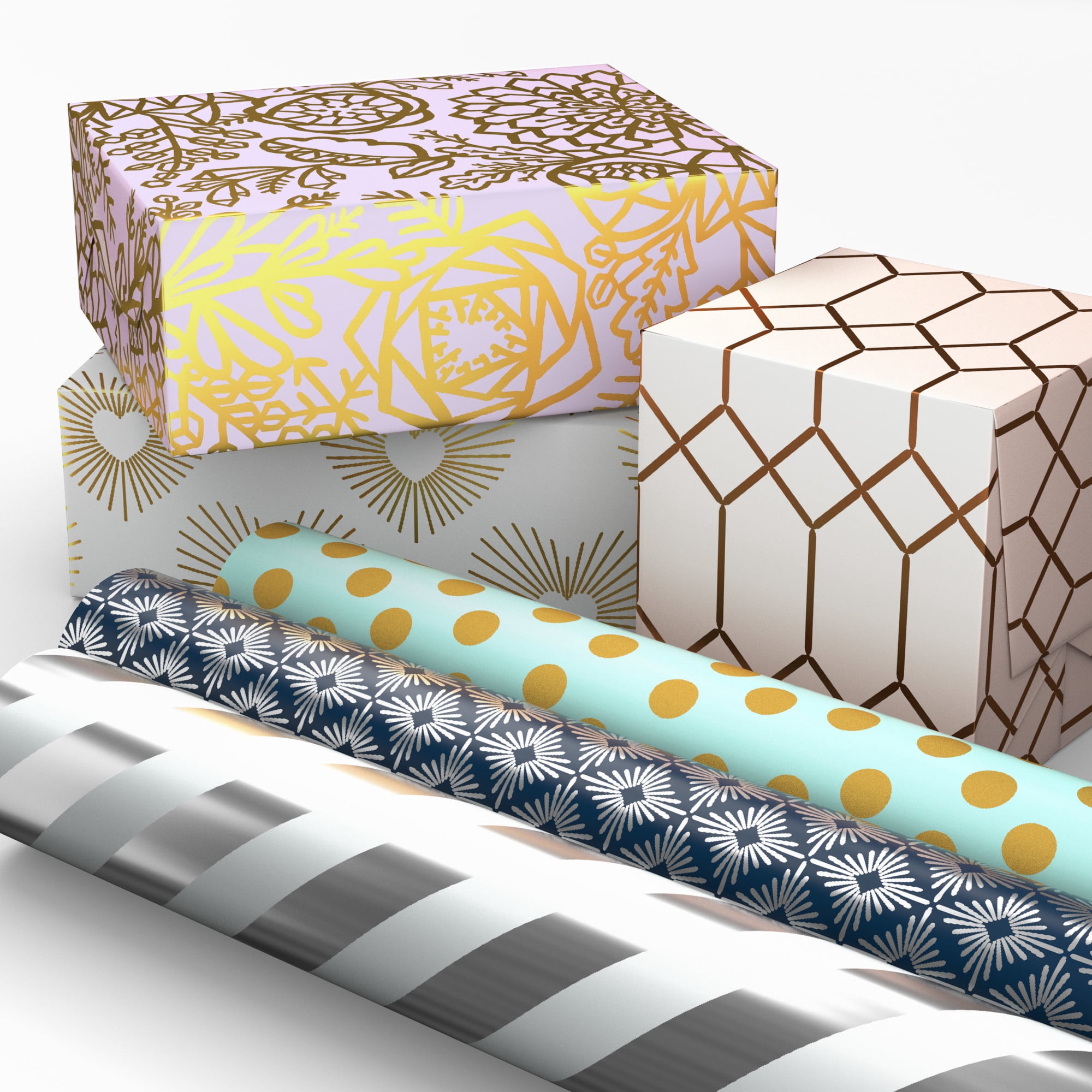 Hallmark 6-Pack Assorted Wrapping Paper Roll Bundle (White and Silver Stripes, Mint Green, Gold Hearts and Flowers) for Weddings, Bridal Showers, Birthdays, 180 Sq. Ft. Total