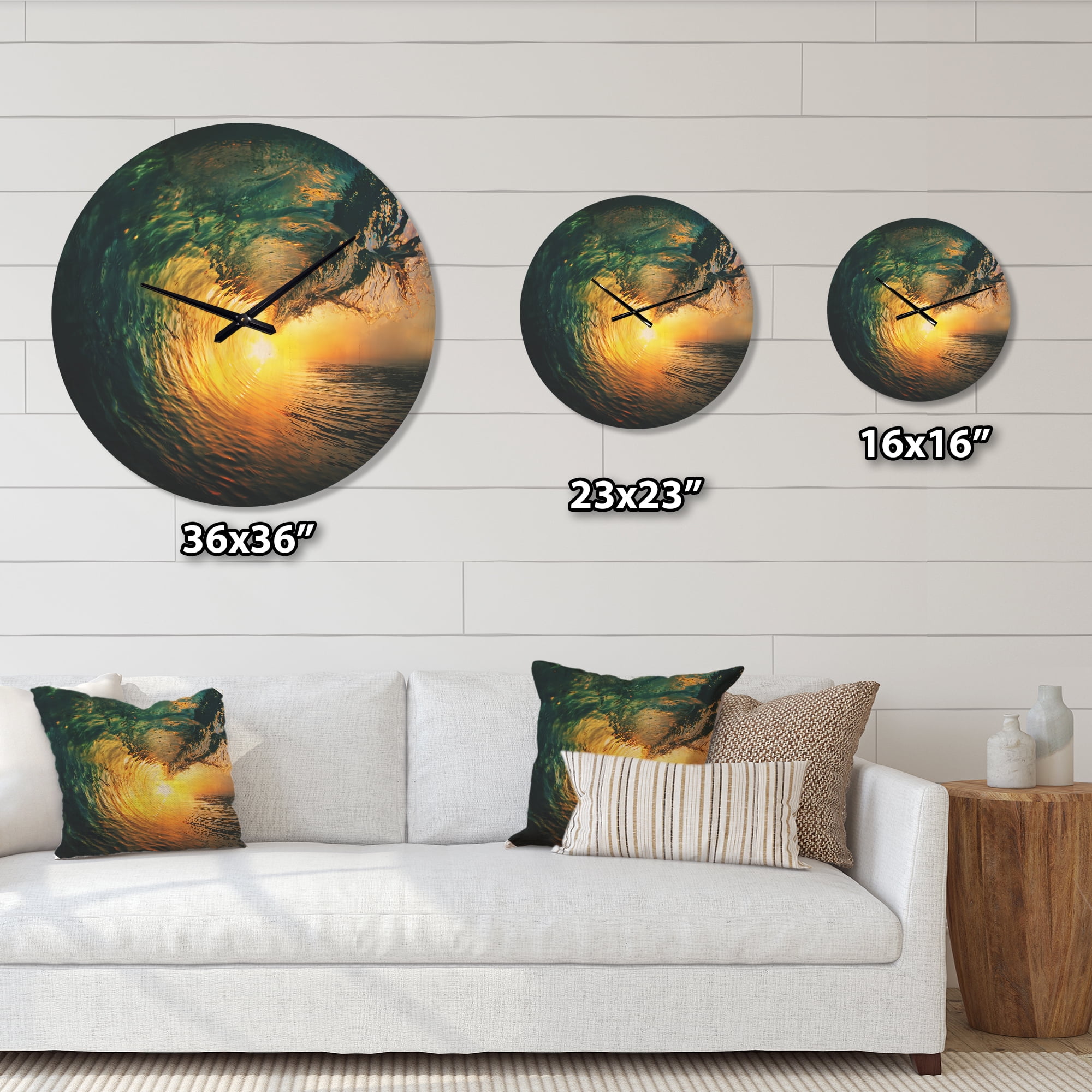 Designart 'Colored Ocean Waves Falling Down At Sunset VI' Coastal Wood Wall Clock