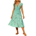 thumbnail image 2 of INSPIRE CHIC Women's Summer Flutter Short Sleeve Smocked Waist Floral Midi Dress S Green, 2 of 6