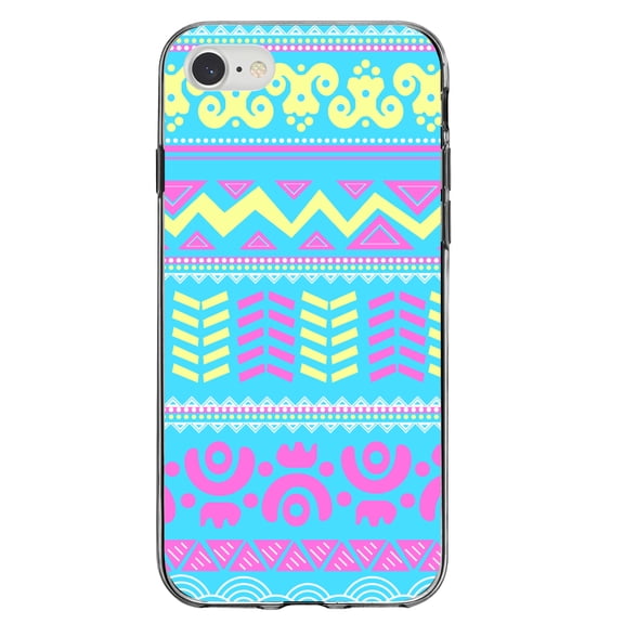 DistinctInk Clear Shockproof Hybrid Case for iPhone 7 8 SE (2020 Model) 4.7" Screen TPU Bumper Acrylic Back Tempered Glass Screen Protector - Yellow Pink Blue Aztec Tribal