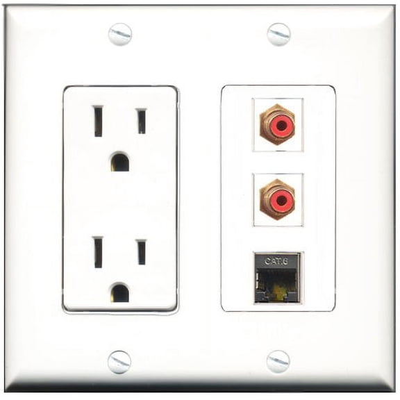 RiteAV - 15 Amp Power Outlet 2 Port RCA Red 1 Port Shielded Cat6 Ethernet Ethernet Decorative Wall Plate