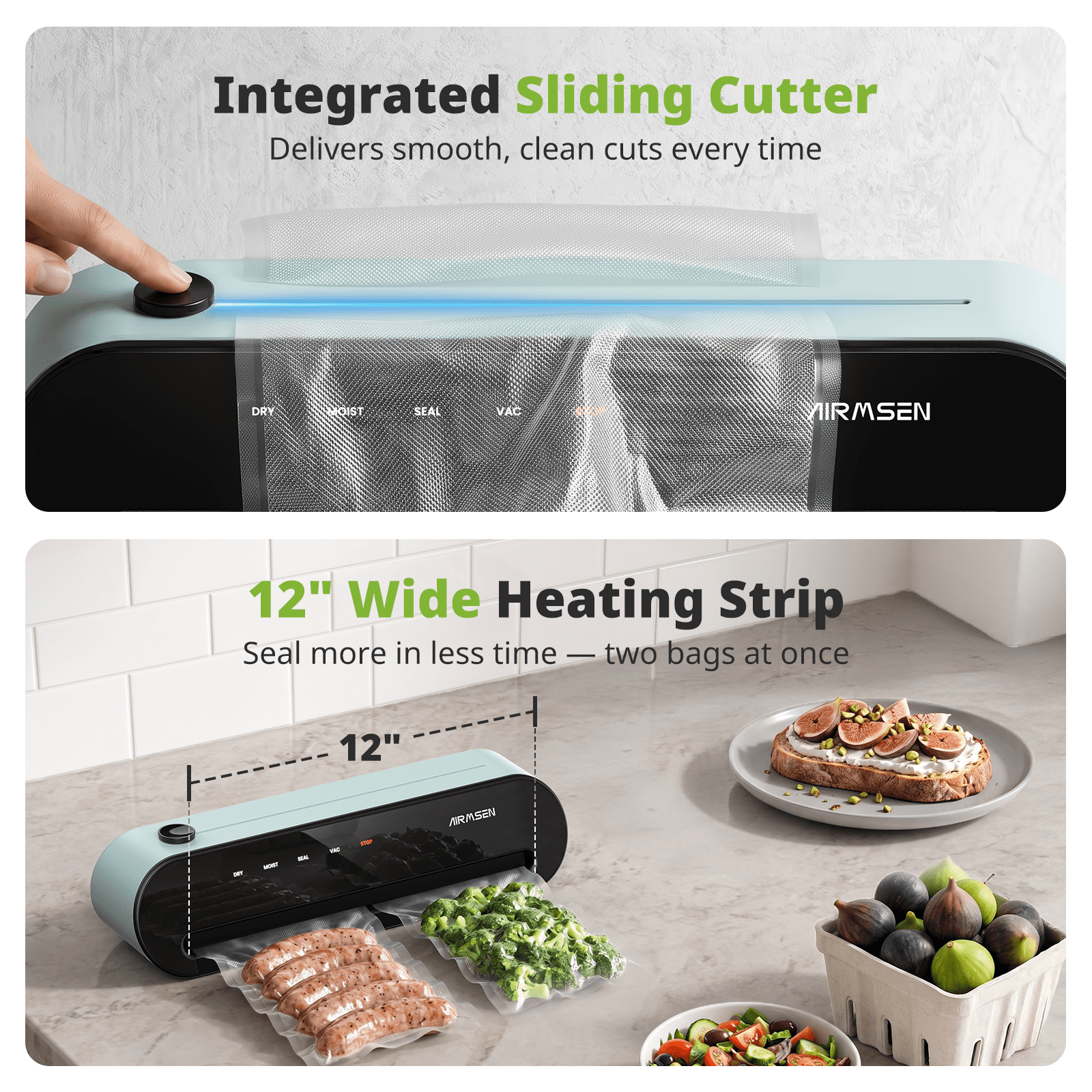 AIRMSEN Fully Automatic Vacuum Sealer Machine, 5-In-1 Food Sealer with External Accessory, Cutter, Pulse Vac, Manual Stop, Includes 1 Roll + 5 Vacuum Bags