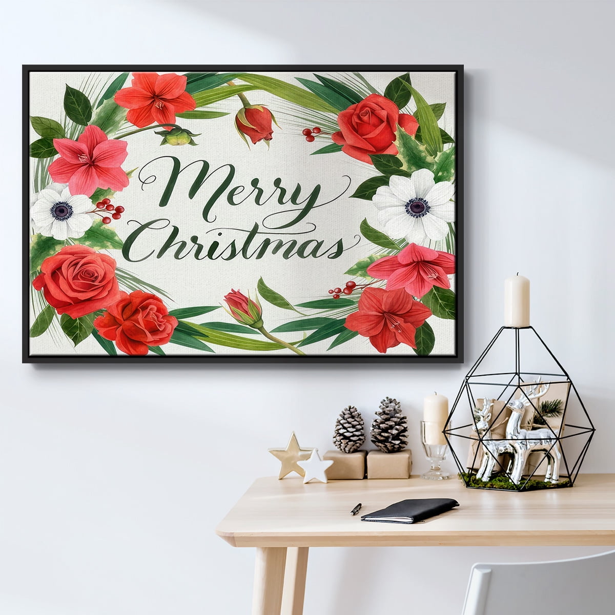 Christmas Flora Wreath Collection A - Framed Gallery Wrapped Holiday Canvas - 25 x 37 - Black Frame