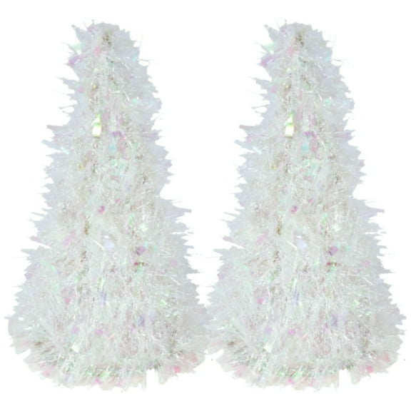 Iridescent Cone Shaped White Tinsel Trees 10 in for Office Desk Home Table Top Ornaments Party Favor Christmas Holiday New Year Decoration Seasonal Craft Material Gift Decorative Supplies - Pack of 2