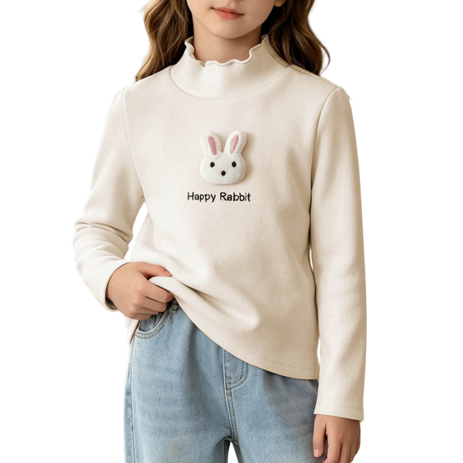 Yeaiivve Toddler Girls Long Sleeve Tops Ruffle Mock Neck Happy Rabbit Graphic Cute Tees Fall Casual T-Shirts Thin Fleece Thermal Undershirts for Kids Beige 2-3 Years