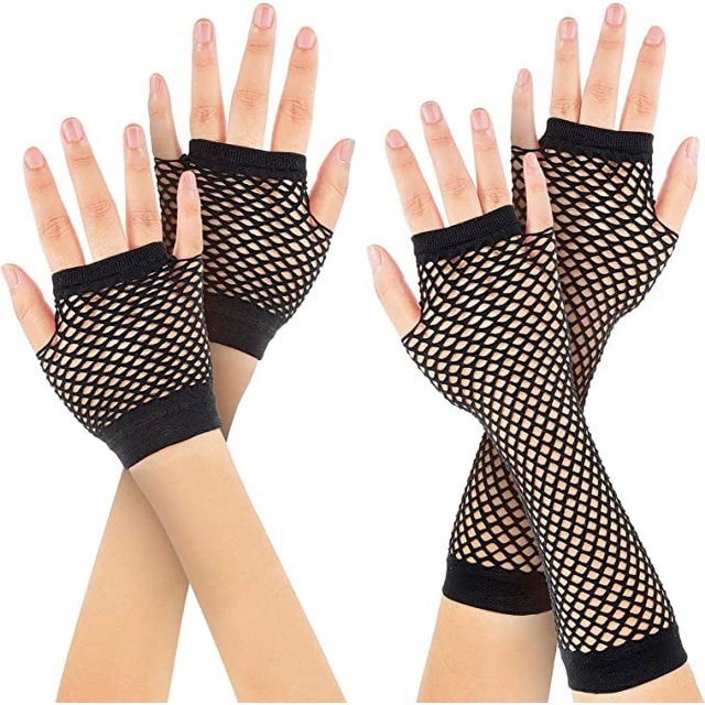 2 pares de guantes de rejilla negros largos y cortos sin dedos de los años 80 Sincero Electrónica