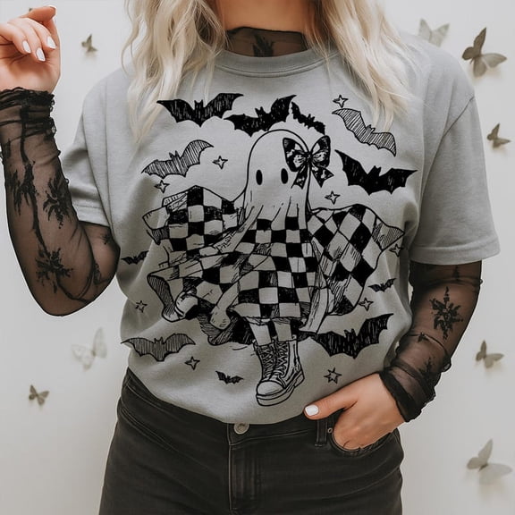 Dancing Ghost Halloween T-Shirt – Girly Spooky Season Tee with Coquette Bow and Checkered Fall Vibes
