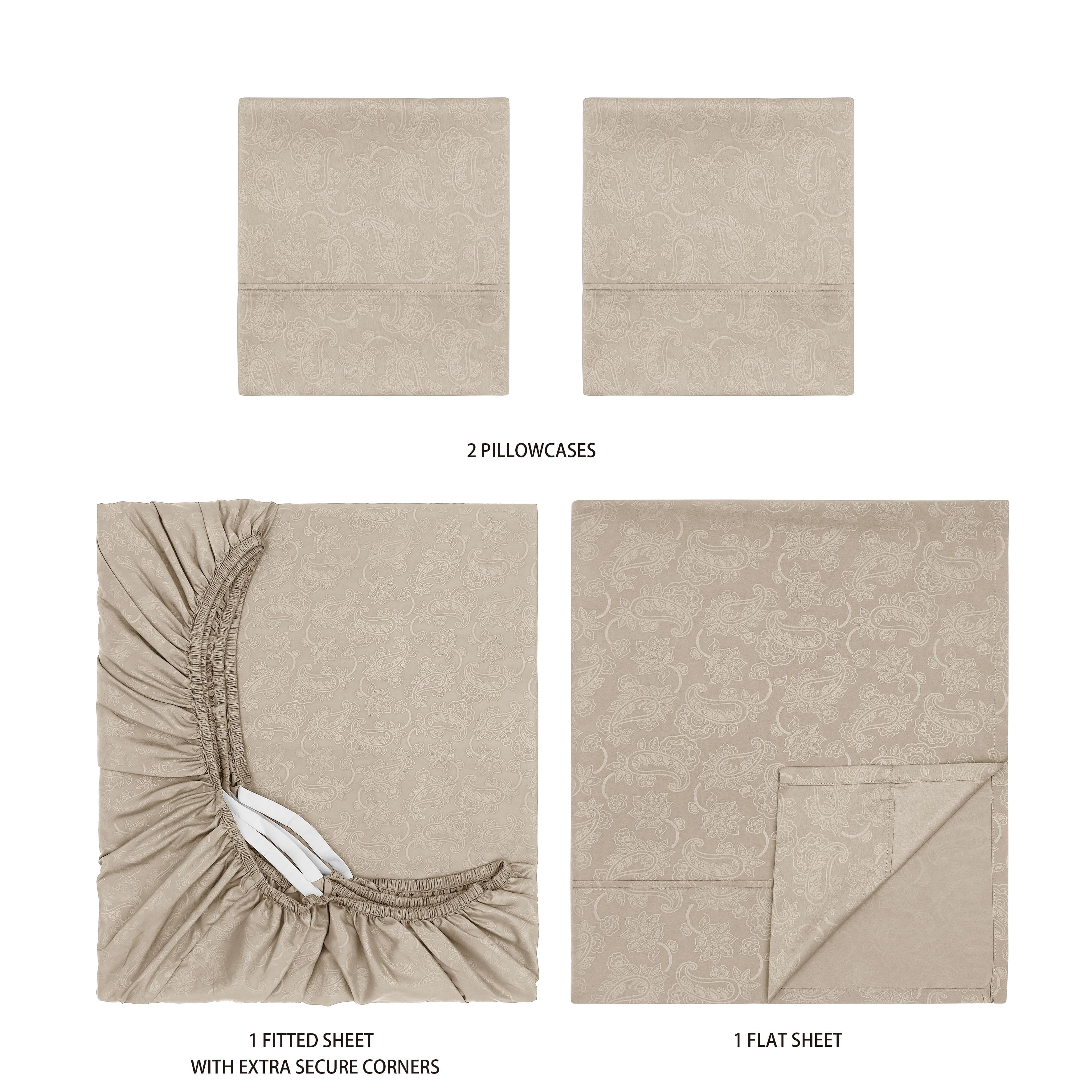 Mainstays Super Soft Brushed Microfiber Bed Sheet Set, Washed Tan Paisley, Full, 4 Piece