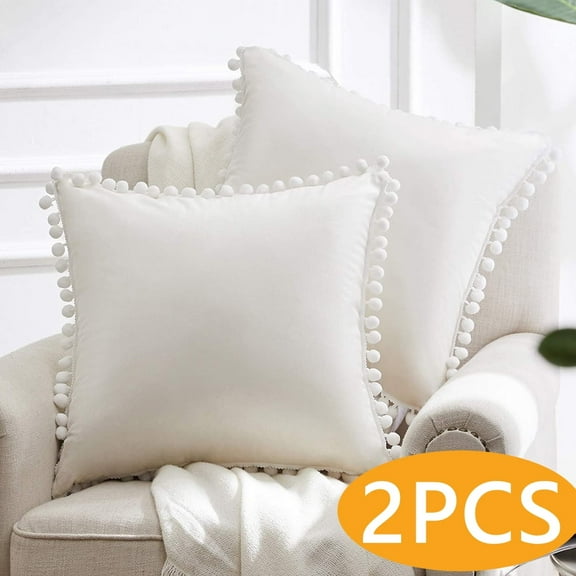 Thow Pillow Covers Decorative Couch Farmhouse Cushions for Sofa with Pom Poms Soft Velvet Pillow Cases for Couch Cushion Covers 18" x 18" for Bedroom Car, Pack of 2