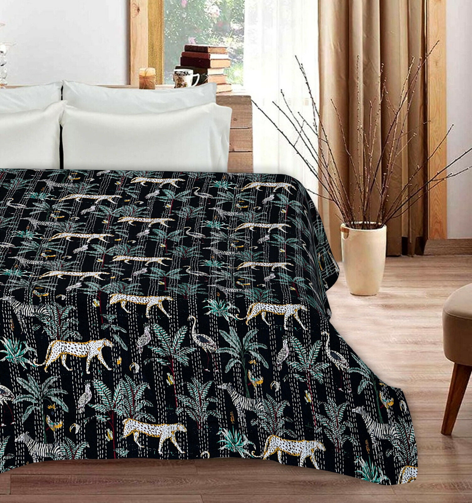 Indian Handmade Bird Kantha Quilt Block Print Bedspread Blue Twin Size 