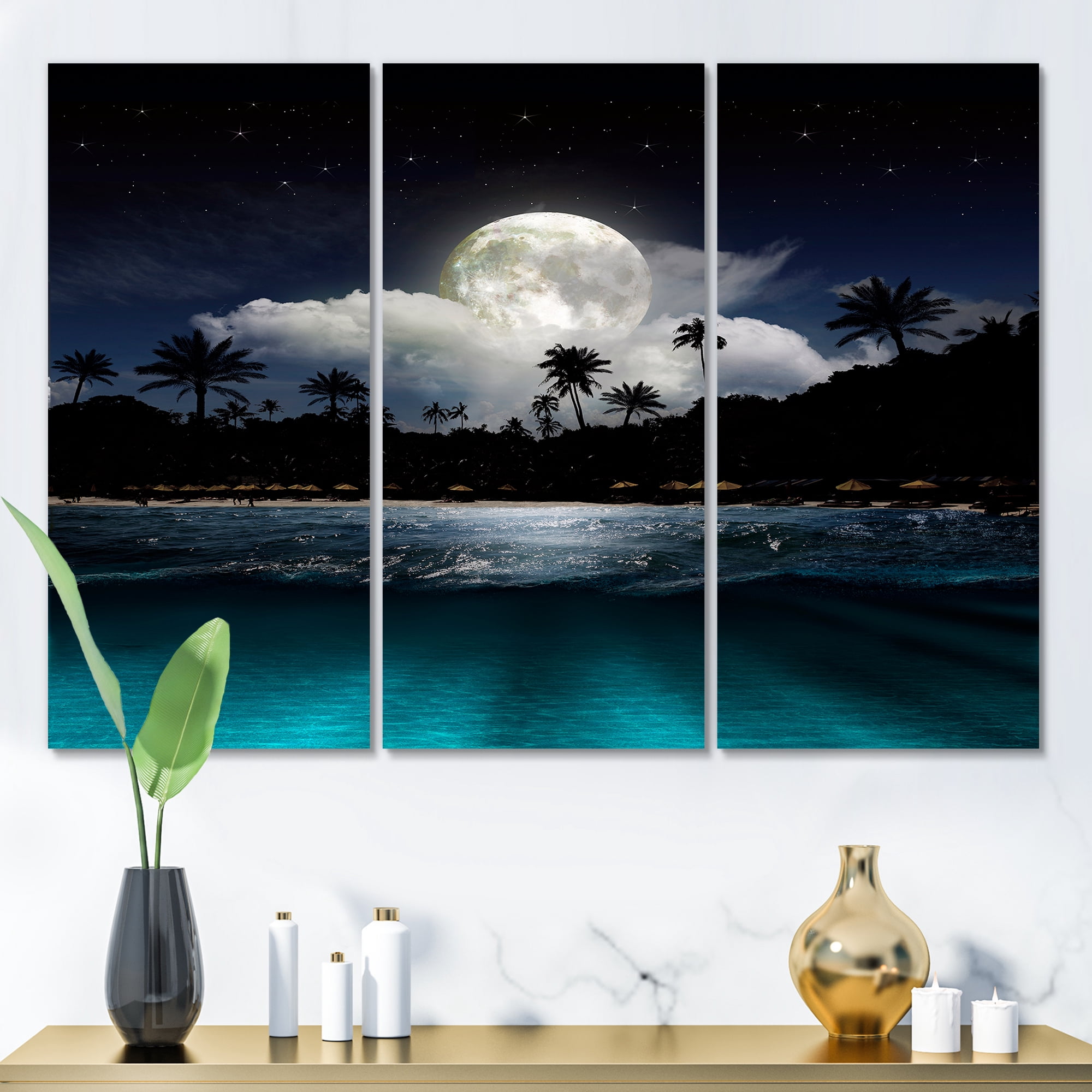 Designart ' Green Beach Under Tropical Full Moon ' Modern Canvas Wall Art Print