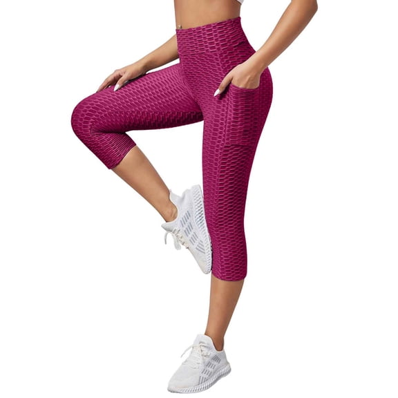 TMOYZQ Capri Leggings for Women High Waisted Honeycomb Yoga Pants Tummy Control Fitness Workout Pants Scrunch Butt Lift Leggings with Pockets