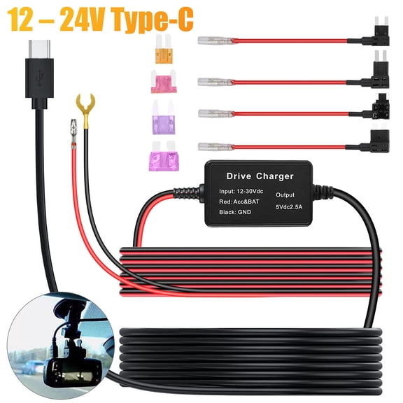 Universal Type C Dash Cam Hardwire Kit Hard Wire Cable Fuse 12-24V to 5V Car DVR
