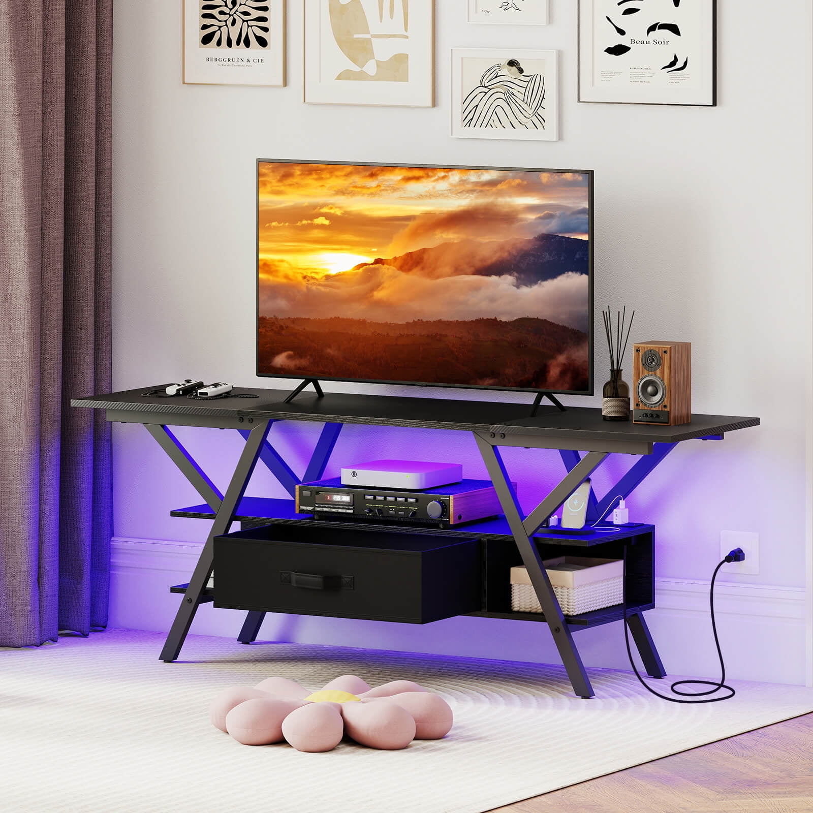 Costway 3-Tier TV Stand with Power Outlets for 65” TVs, LED Lights & Remote Storage Shelves Black