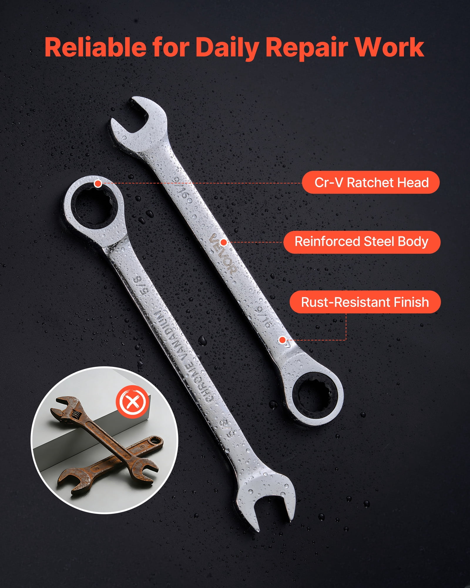 VEVOR Combination Wrench Set, 16-Piece SAE Sizes, 72 Teeth, Cr-V Steel Ratcheting Wrench Set, with Roll Up Pouch, Open End, Clear Size Labels, for General Household and Automotive Repairs, Silver