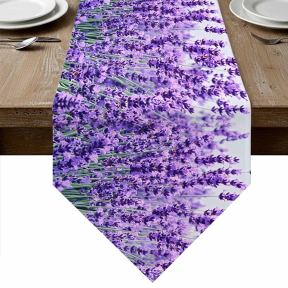 Lavender Botanical Art Table Runner Linen Burlap Table Runner 90 Inches Long Verdant Flower Purple Dresser Scarves for Kitchen Island Coffee Dining Room Party Wedding Banquet Holiday Decor 13"x90"
