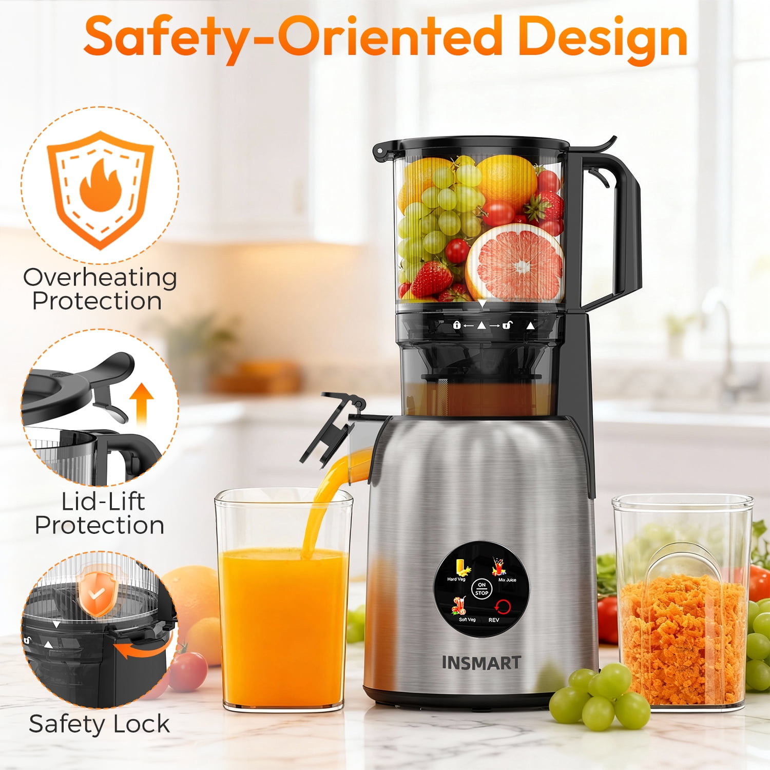 Open Box INSMART Cold Press Juicer,Juicer Machines with 5.4" Large Feed Chute,300w Slow Juicer Machines Fit Whole Vegetables and Fruits,Touchscreen Slow Masticating Juicer with 4 Mode(With Cleaning Function)