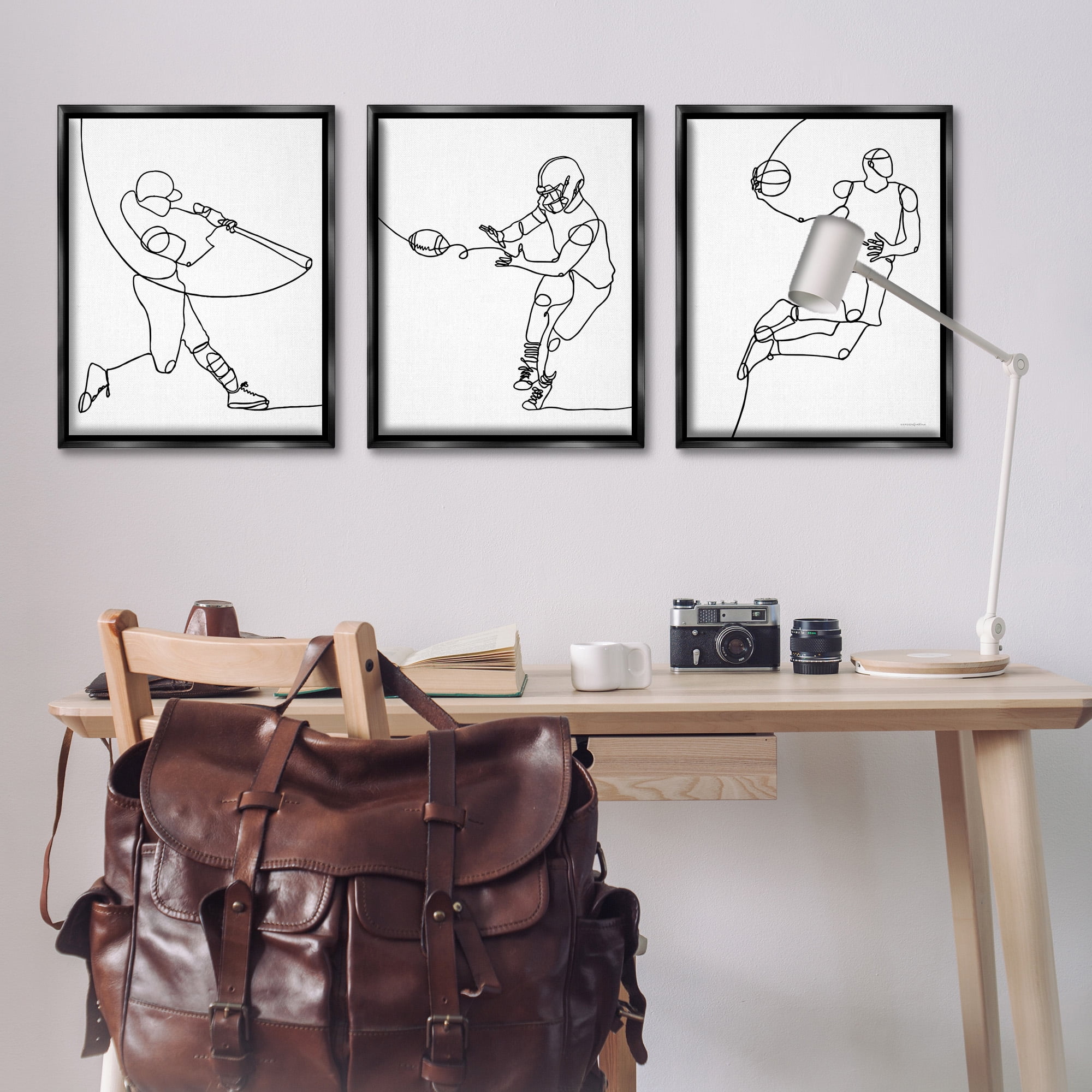 Stupell Industries Simple Line Doodle Playing Sports Sports Painting Black Floater Framed Canvas Art Print Wall Art, 25 x 31, Set of 3