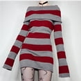 thumbnail image 4 of Suéter de punto largo ajustado con hombros descubiertos y solapa a rayas, vestido simple y exquisito, 4 of 6