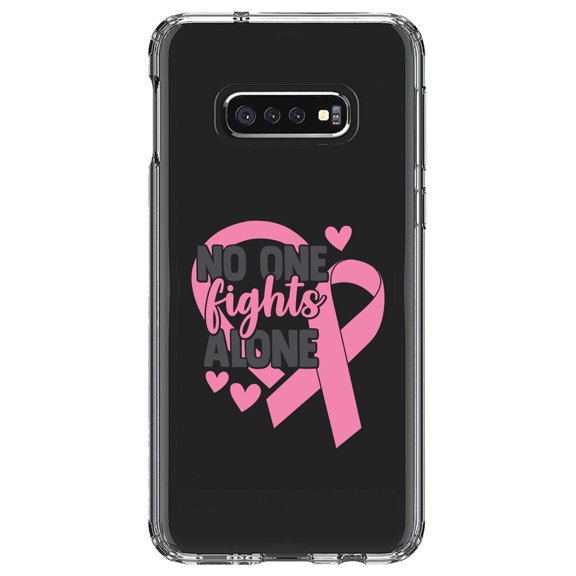 DistinctInk Clear Shockproof Hybrid Case for Samsung Galaxy S10e (5.8" Screen) - TPU Bumper Acrylic Back Tempered Glass Screen Protector - Pink Ribbon Cancer - No One Fights Alone