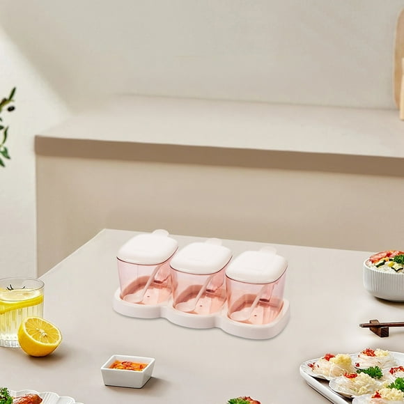 Plastic Seasoning Box Set | PS Material Transparent Spice Container with 3 Spoons | One-Handed Lid | Detachable Base | Labels Included | Sealed Freshness | 10x5x3.5 in | Kitchen Storage Organizer