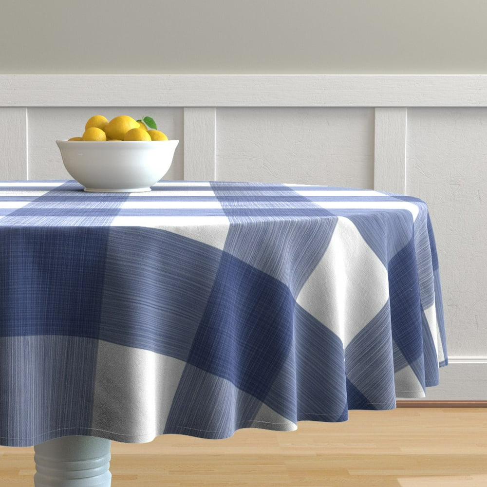 Round Tablecloth Blue Buffalo Plaid Check Gingham And White Picnic