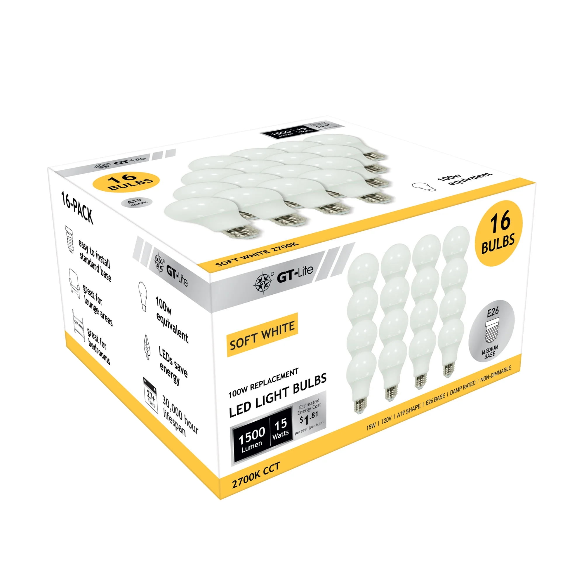 GT Lite 1500 Lumen LED A19 Bulb, 15-Watt, 100-Watt Equivalent E26, 16-Pack