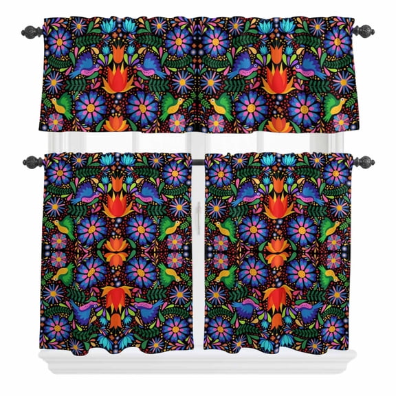 3 Piece Kitchen Curtains and Valances Set Mexican Flower Cafe Curtains 36 Inch Length Abstract Colorful Floral Leaf Plant Valance & Tier Curtain for Living Room Bedroom Small Window 54"x18" 27"x36"*2