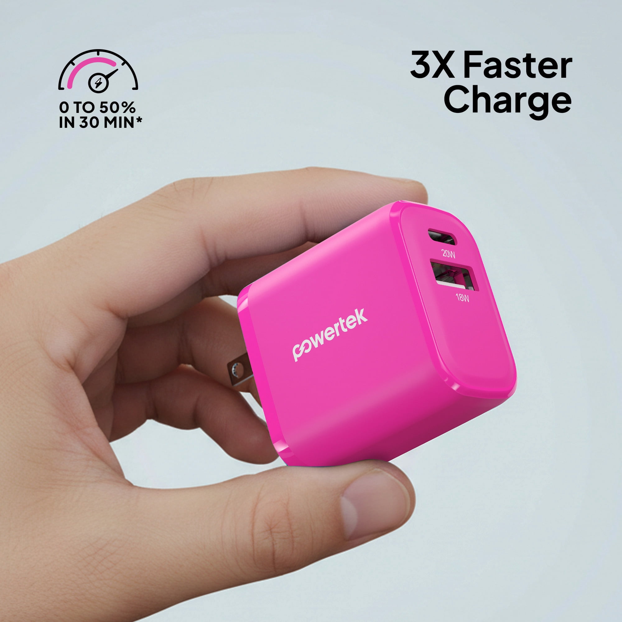 Powertek 20W USB-C PD + USB-A Dual Port Wall Charger, Pink
