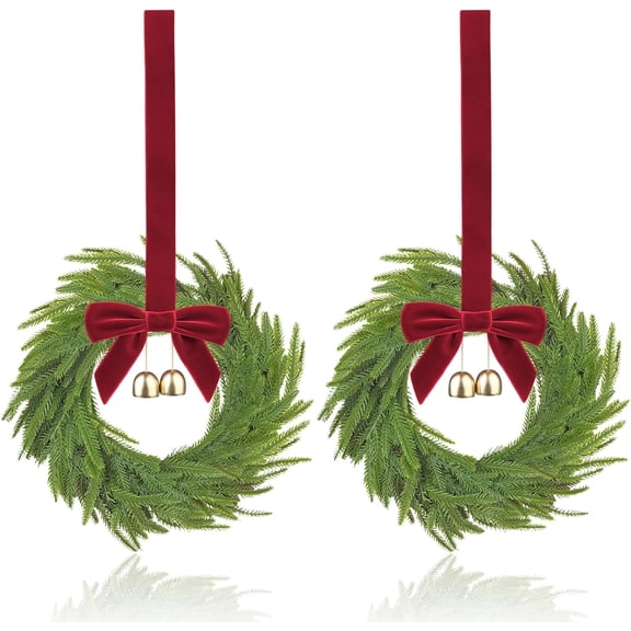 2 Pcs Small Christmas Wreath, Mini Wreaths for Cabinets with Red Bows and Bells, 15 inch Artificial Small Window Wreaths Indoor for Christmas Kitchen,Stairs Railing and Chairs Decor