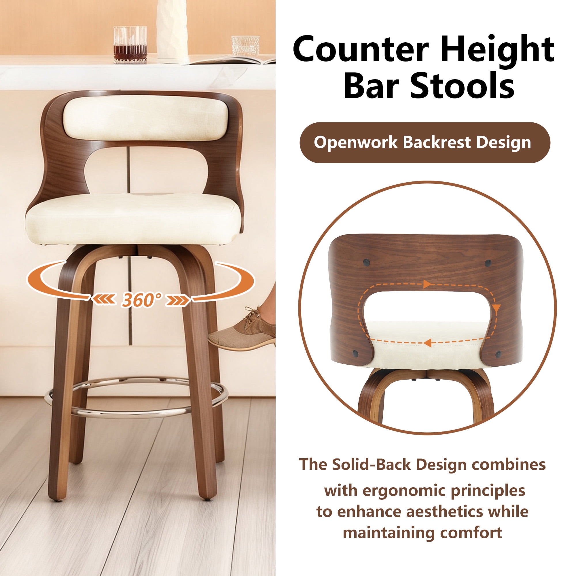 ClinQ 26 inch Swivel Bar Stools Set of 2, Counter Height Bar Chairs with Walnut Legs and Silver Ring Footrest, Upholstered Faux Leather, Beige