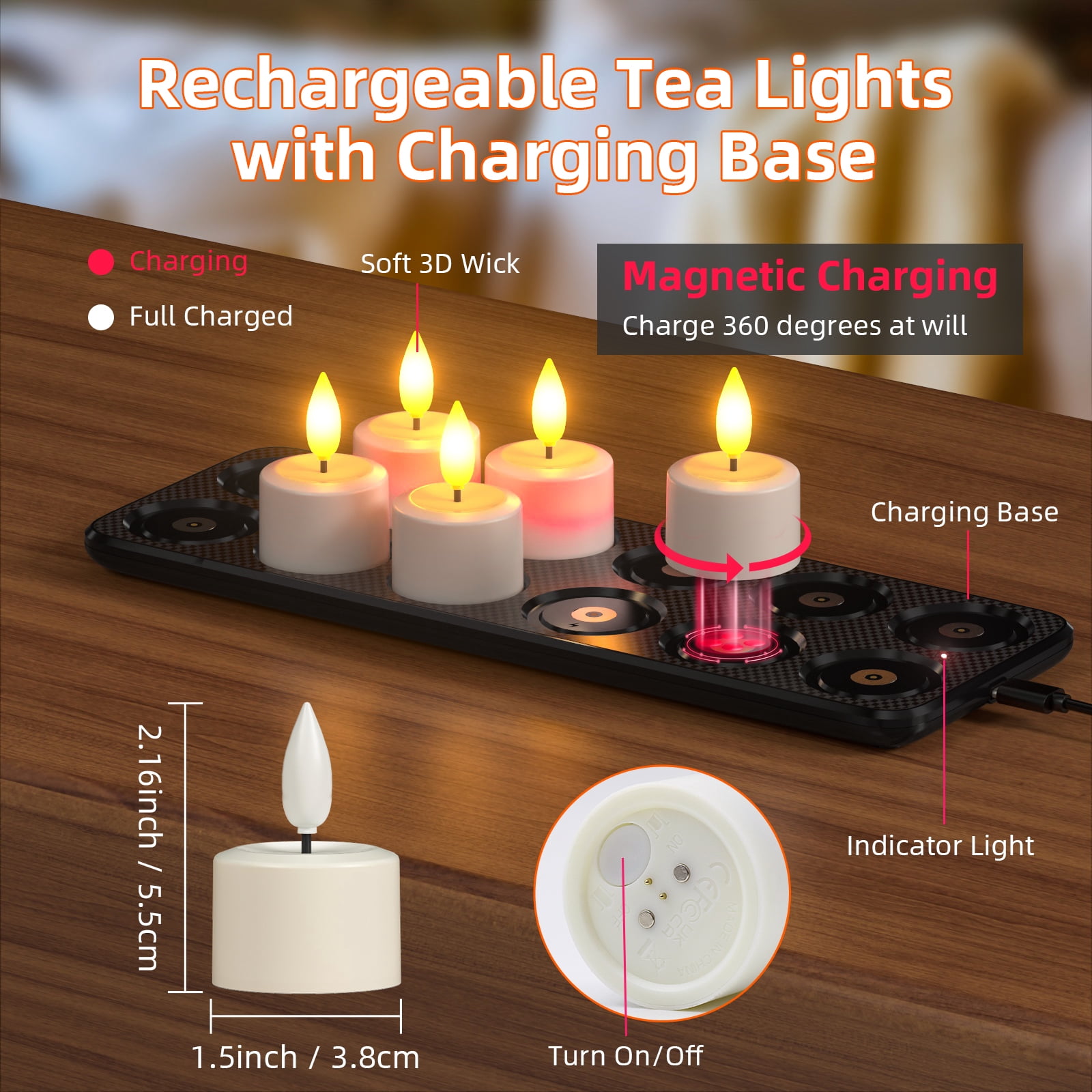 PChero 12pcs Rechargeable Tea Lights Candles with Remote Timer, 180+Hours Waterproof Outdoor Flameless Tealight Candles with Magnetic Charging Base, Battery Operated Small Votive Candles,1.5"x2.17"