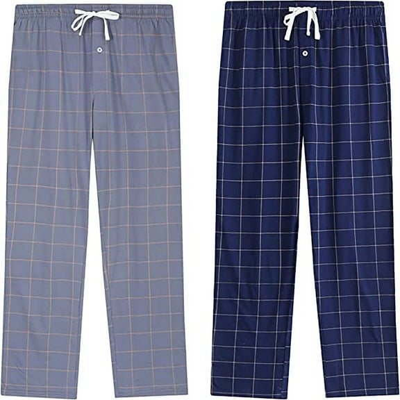 Vulcanodon 2 Pack Mens Plaid Sleep Pants, Cotton Pajama Pants with Pockets, Soft Lounge Pajama Bottoms for Men (Navy-plaid/Iron Gray-plaid, Medium)