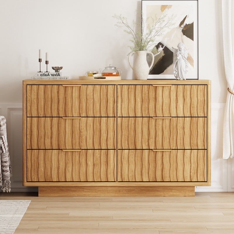 Fluted 6 Drawer Dresser for Bedroom, Wide Modern Chest of Drawers with Metal Handle, Curved Profile Design, Wood Closet Clothes Storage Organizer for Bedroom, Living Room, Hallway