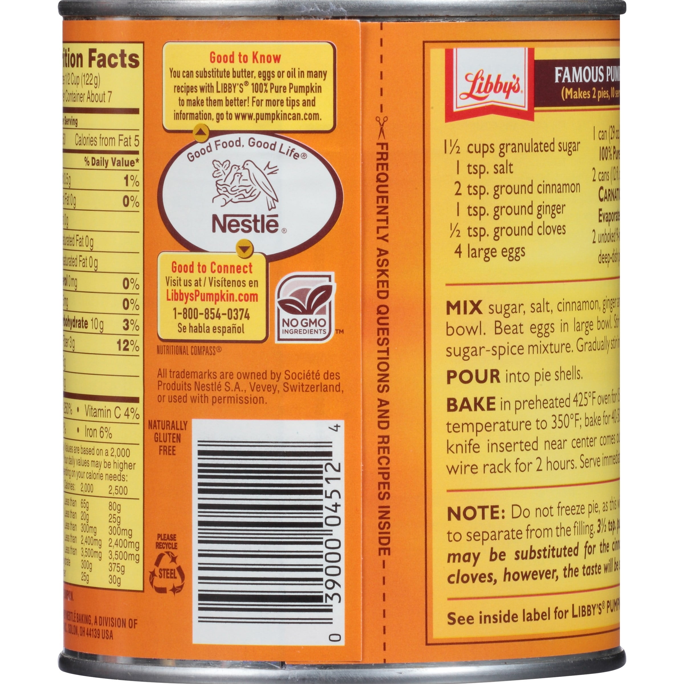 Libby canned pumpkin nutrition label