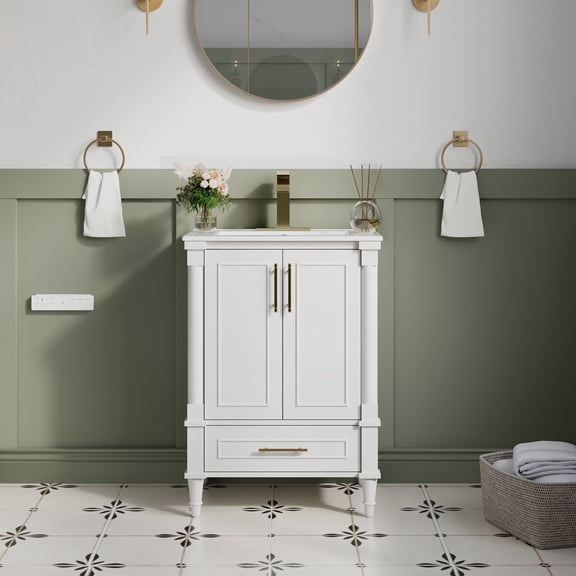 FORCLOVER 24" White Bathroom Vanity with Ceramic Countertop and Sink, Solid Wood & Plywood, 2 Doors 1 Drawer, Soft Close, Brushed Gold Handles