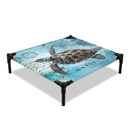 Ocean Sea Turtle Elevated Dog Bed Summer Green Watercolor Retro Cooling Breathable Outdoor Raised Dog Cot Bed with Metal Frame Non-Slip Feet for Small Dog 20x20in