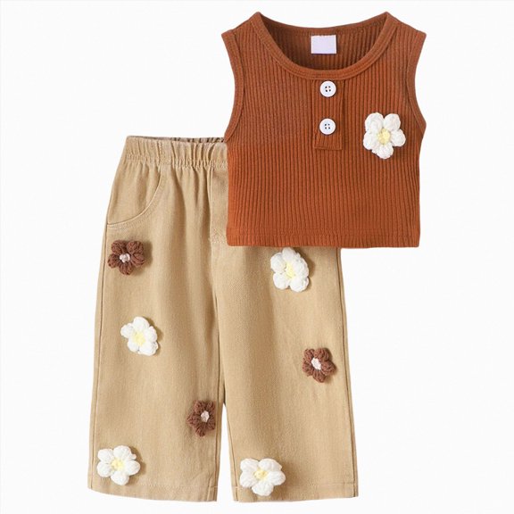 Xyant Toddler Baby Girl Summer Clothes 3 6 12 18 24 Months 2T 3T 4T 5T Girls Outfits Ruffle Sleeveless Vest Tank Tops Pants Set (Brown,2-3 Years)