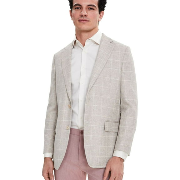 Tommy Hilfiger Mens Windowpane Coat, Beige, 44 Long