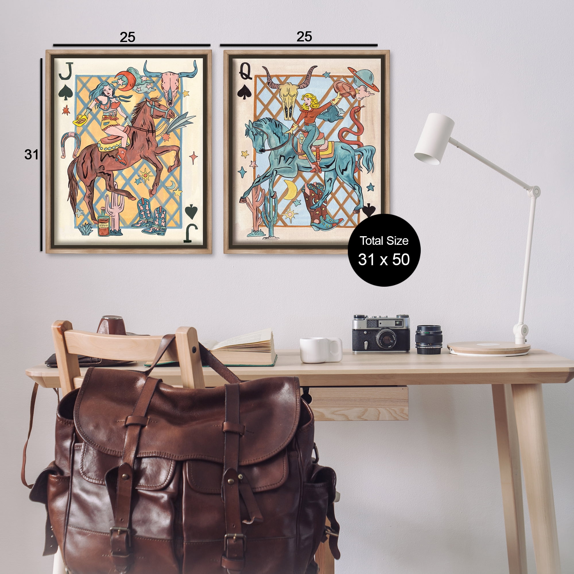 Stupell Industries Western Cowgirl Playing Cards Entertainment Painting Brown Floater Framed Canvas Art Print Wall Art, 31 x 25, Set of 2