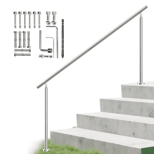 Hand Rails for Outdoor Steps, 5 Step Handrail Stair Railing Kit, 304 Stainless Steel Outdoor Handrails for Exterior Steps, Silver Stair Handrail, Concrete & Deck & Porch Railing