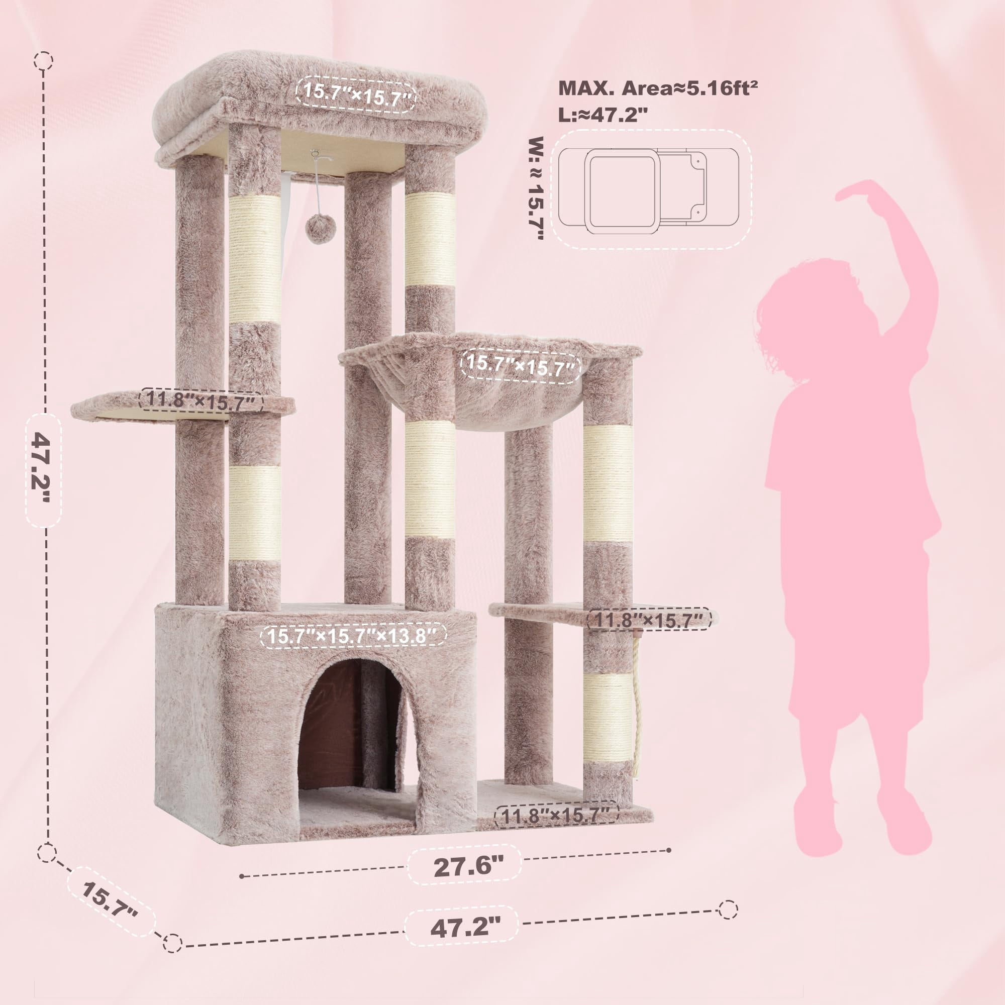 Heavy Duty Cat Tree  Tower For Indoor Cats Large Adult Tall Condo House With Extra-large Baseboard Multi-level Plush Furniture Posts Hammock Balls Muchroom Hct026mu