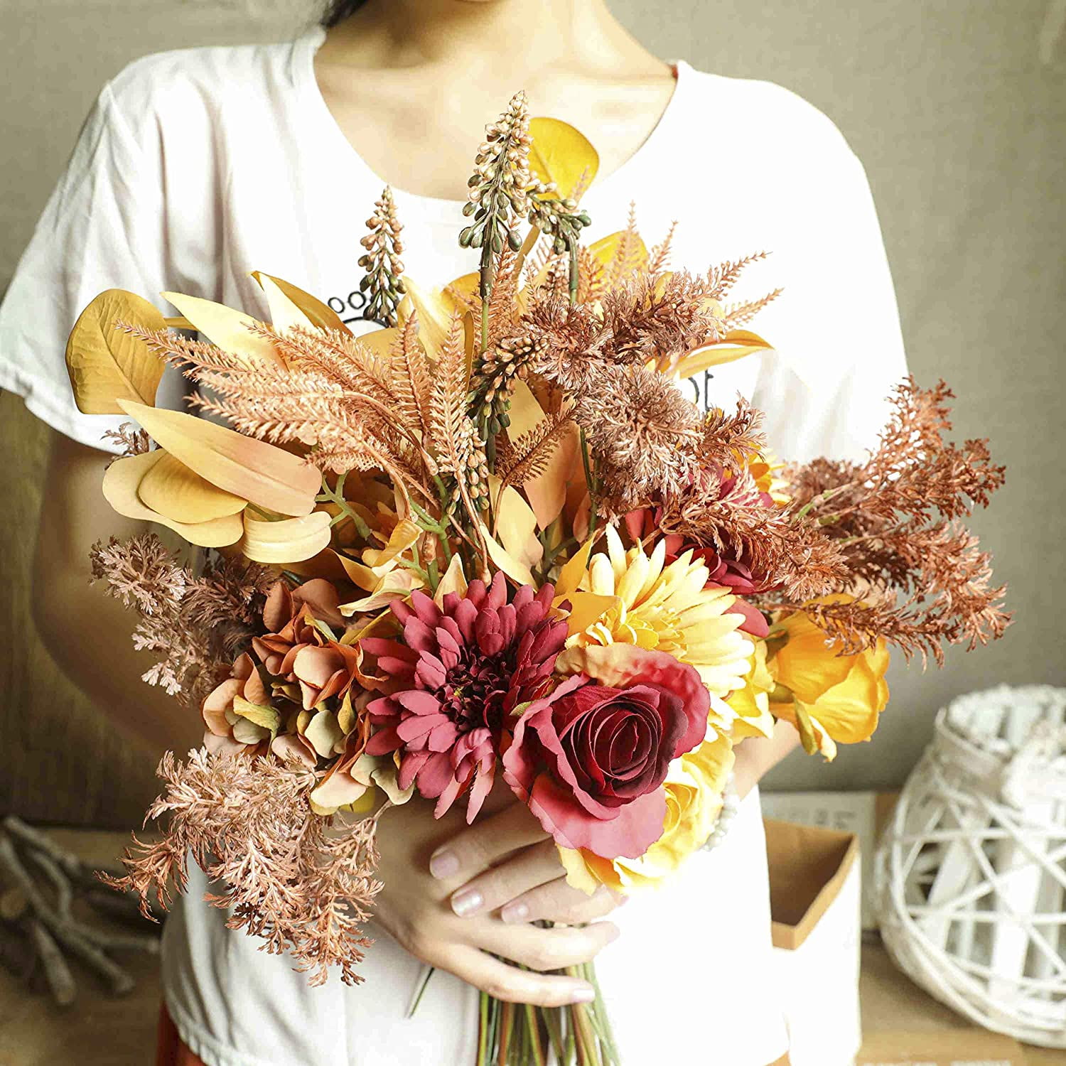 2pcs Boho Style Artificial Flower Bouquets,17 Inch Bohemian Style Fall Flower Wedding Bouquets for Bridal Bridesmaid,Rustic Home Décor Centerpiece(Orange Color Scheme)