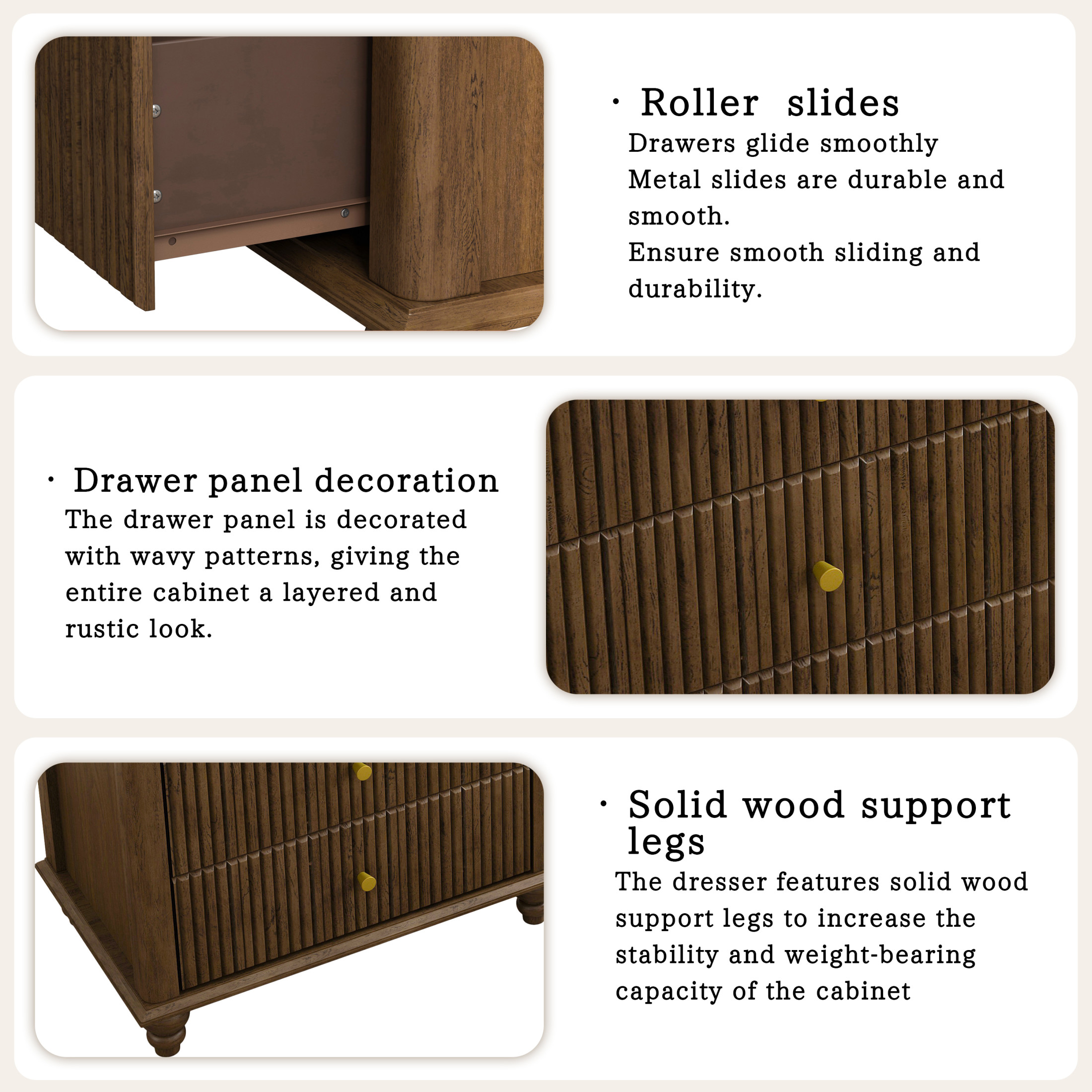 Noble House Harmon Fluted 5-Drawer Dresser, Modern Rubberwood Chest with Metal Handles, for Entryway, Bedroom, Walnut