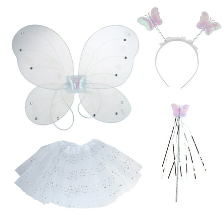 Lux Accessories White Fairy Mini Skirt Butterfly Wing Head band Costume Set