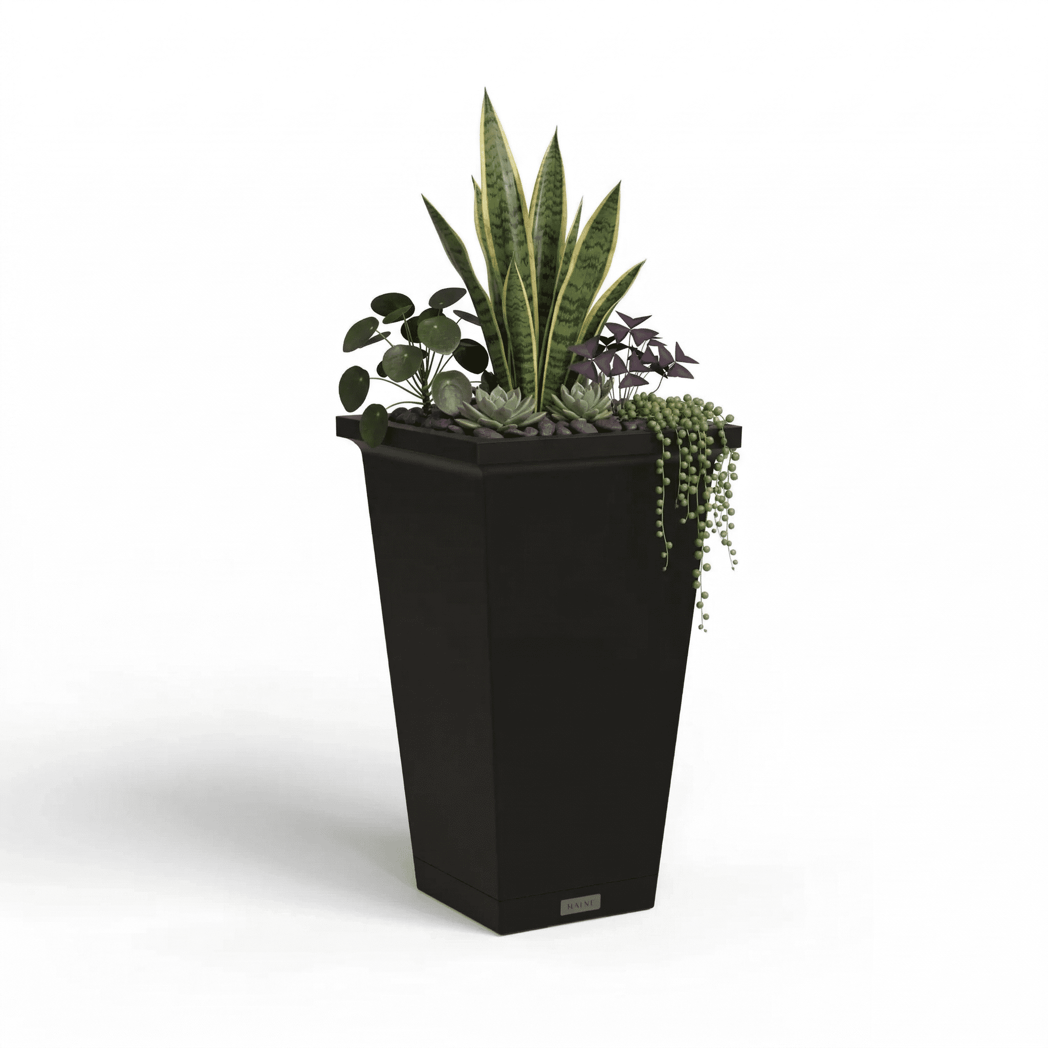 Mayne Evolve 14.5" x 14.5" x 24" Square Black Plastic Planter with Drip Tray