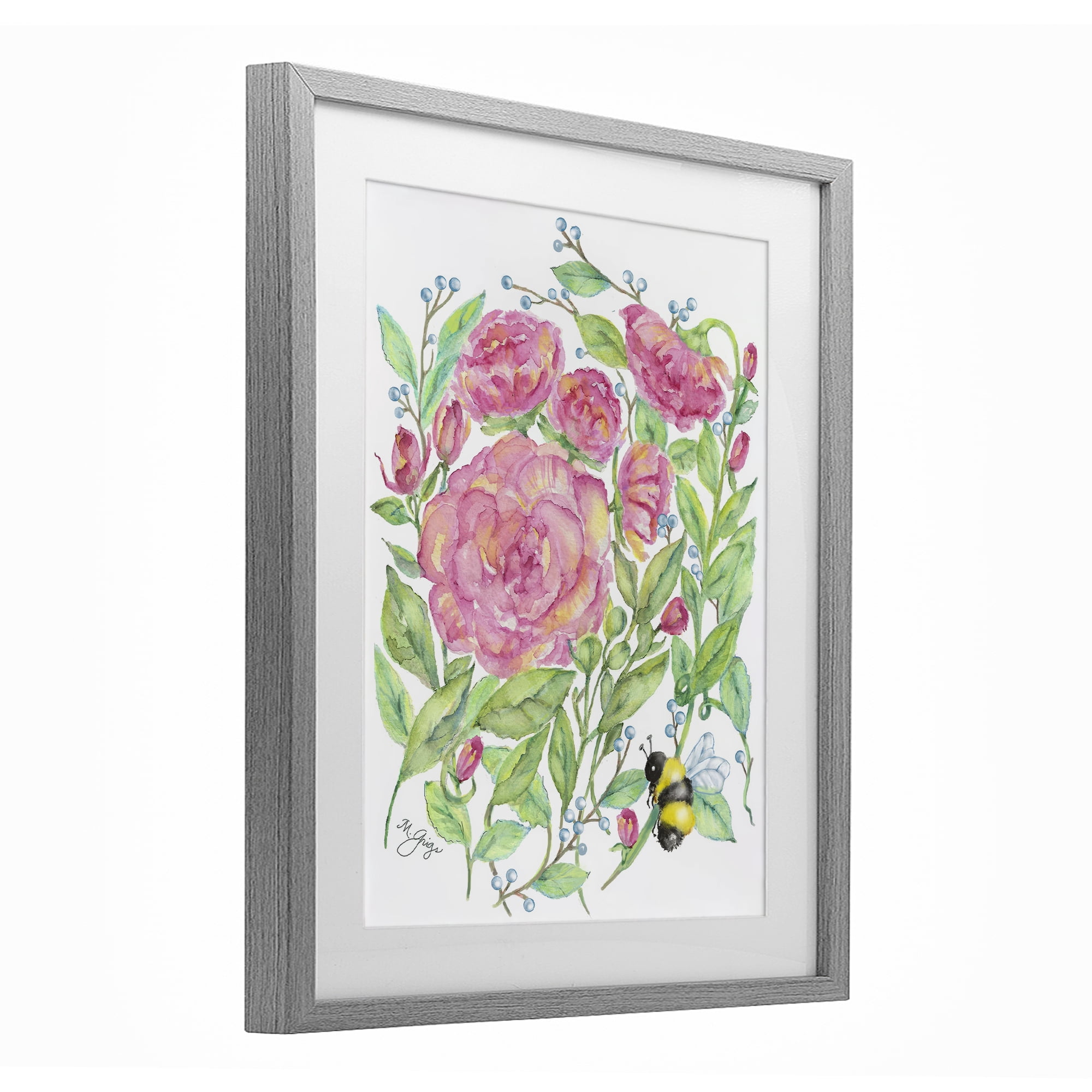 Stupell Industries Peony & Bumble Bee Gray Framed Print Under Glass, design by Maureen Grigs