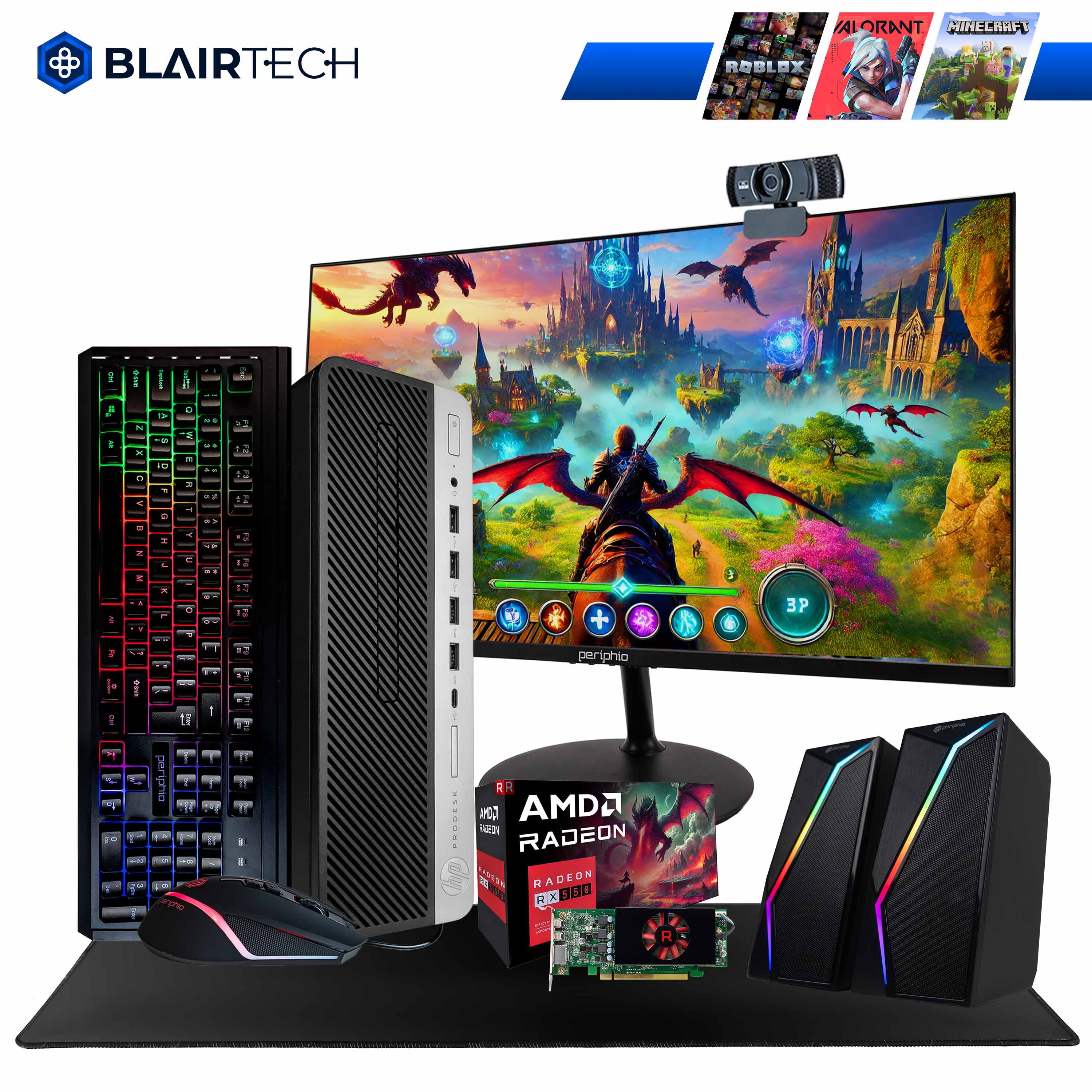 Restored Blair Tech 600G4 PC Gaming Computer Bundle - 24" Periphio Gaming Monitor - Periphio RGB Keyboard, Speakers, & Mouse - 2K Webcam (Refurbished)