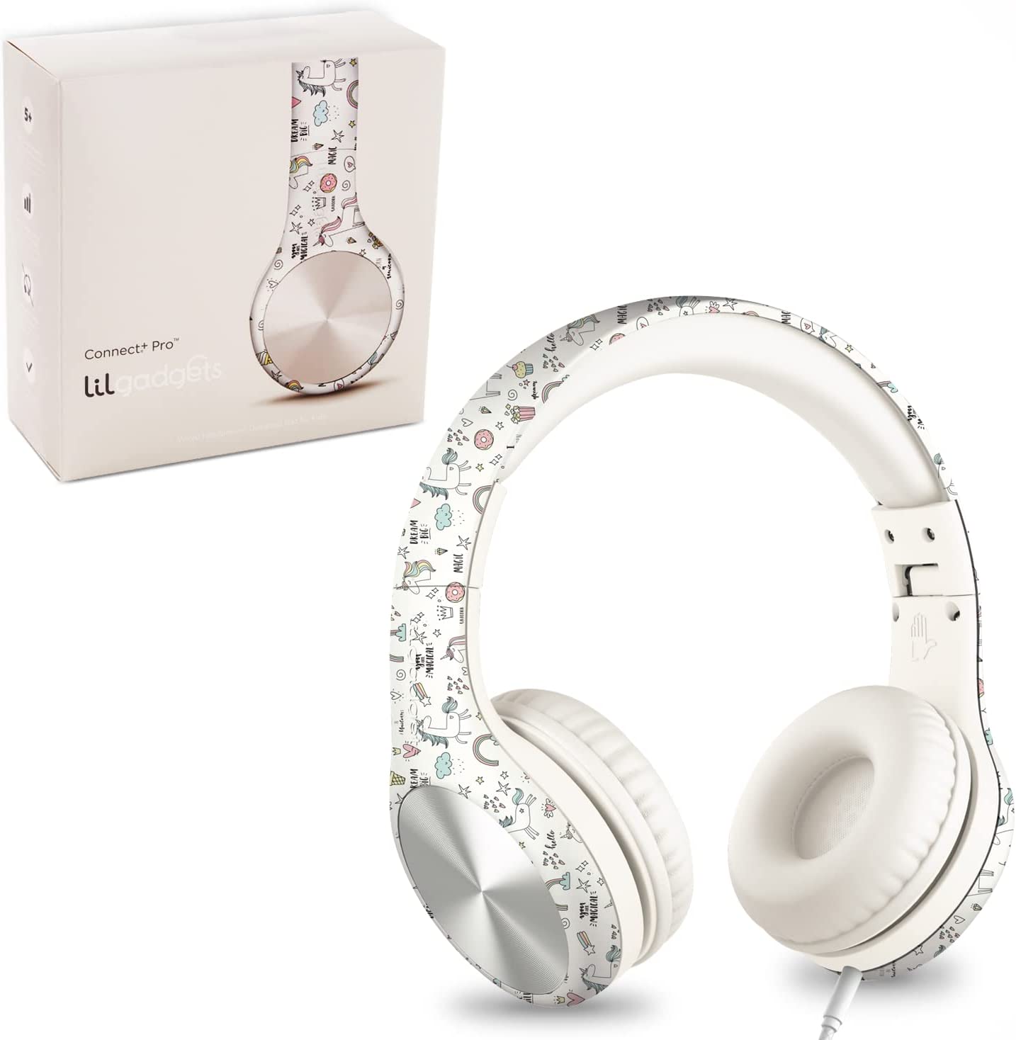 LilGadgets Connect+ Pro Wired Kids Headphones - Designed with Kids' Comfort in Mind, Child-Friendly Foldable Over-Ear Headset with In-line Microphone, Perfect for Toddlers in School, Magical Unicorn